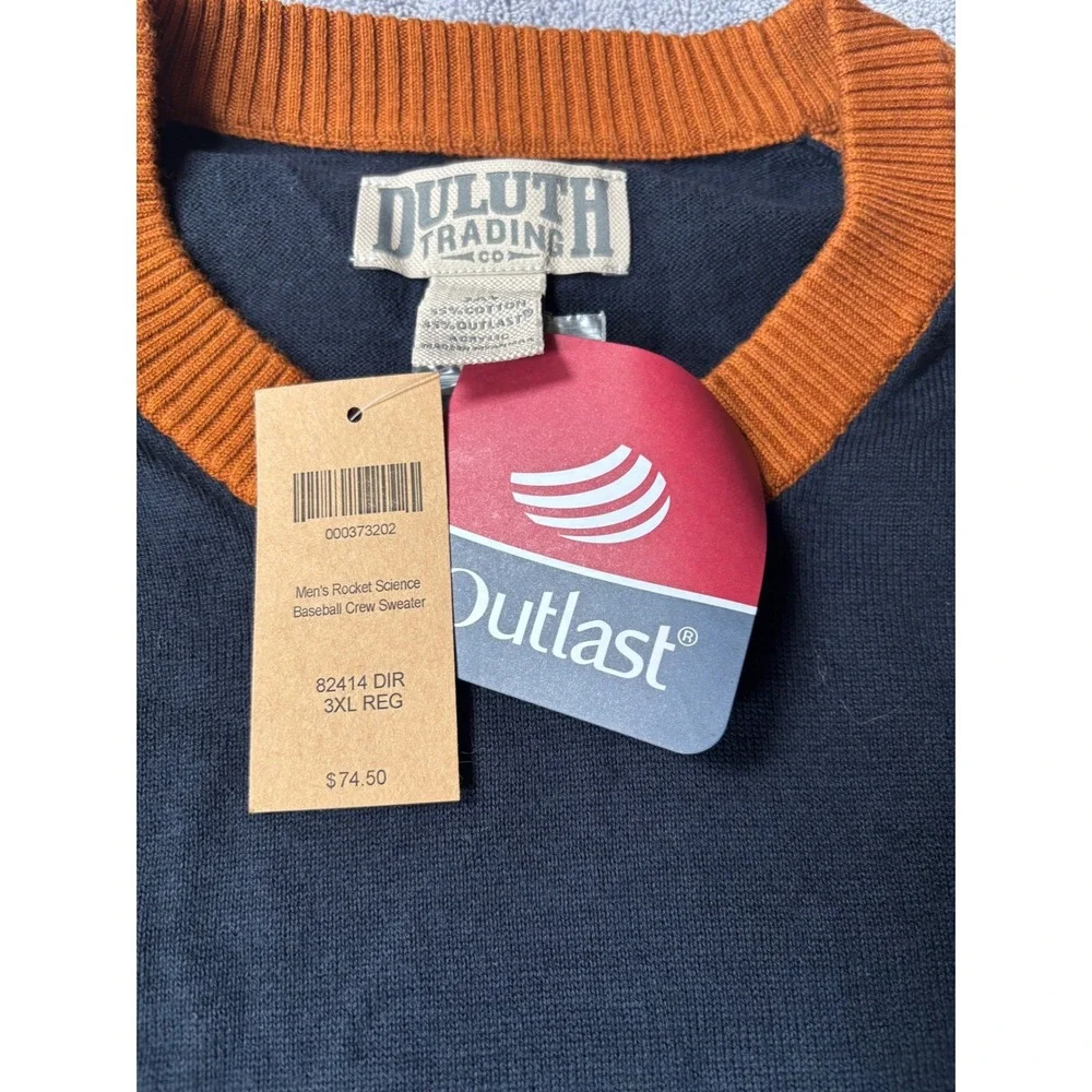 Duluth Trading Co Mens Rocket Science Baseball Crew Sweater Navy Orange 3XL
